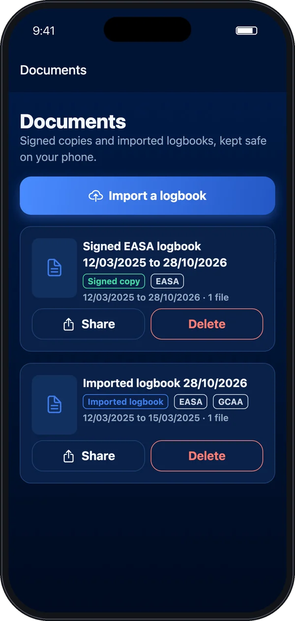 Documents screen with a signed EASA logbook and an imported logbook