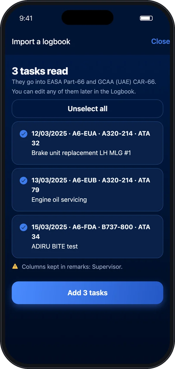 Import review: three tasks read from an old logbook