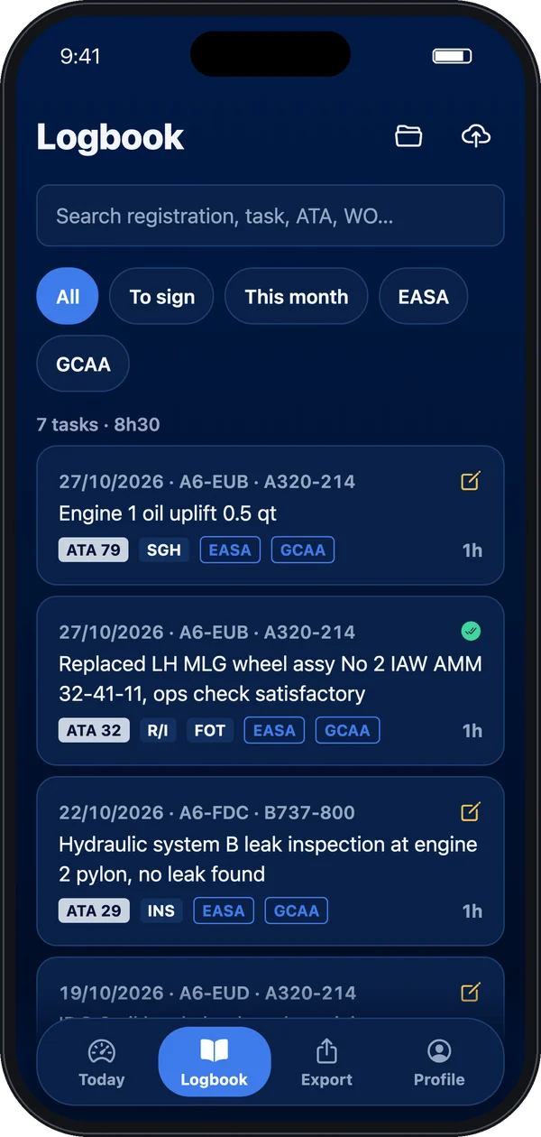 Logbook list with filters and EASA and GCAA badges