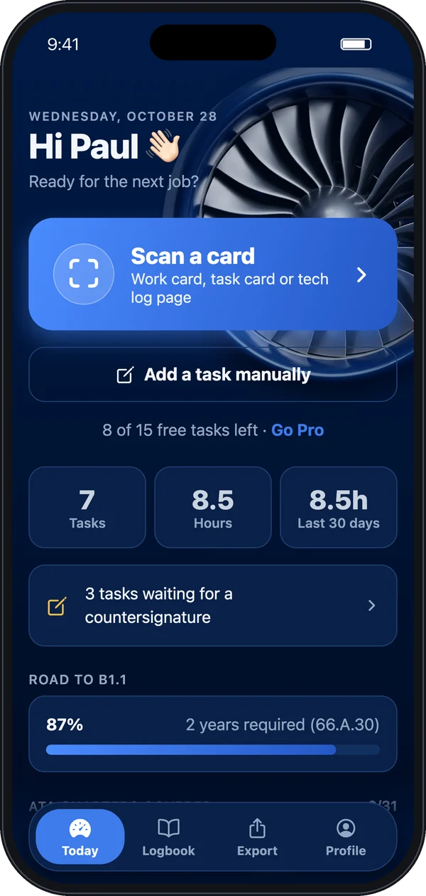 Xplog Today screen with the Scan a card button, task count and licence progress